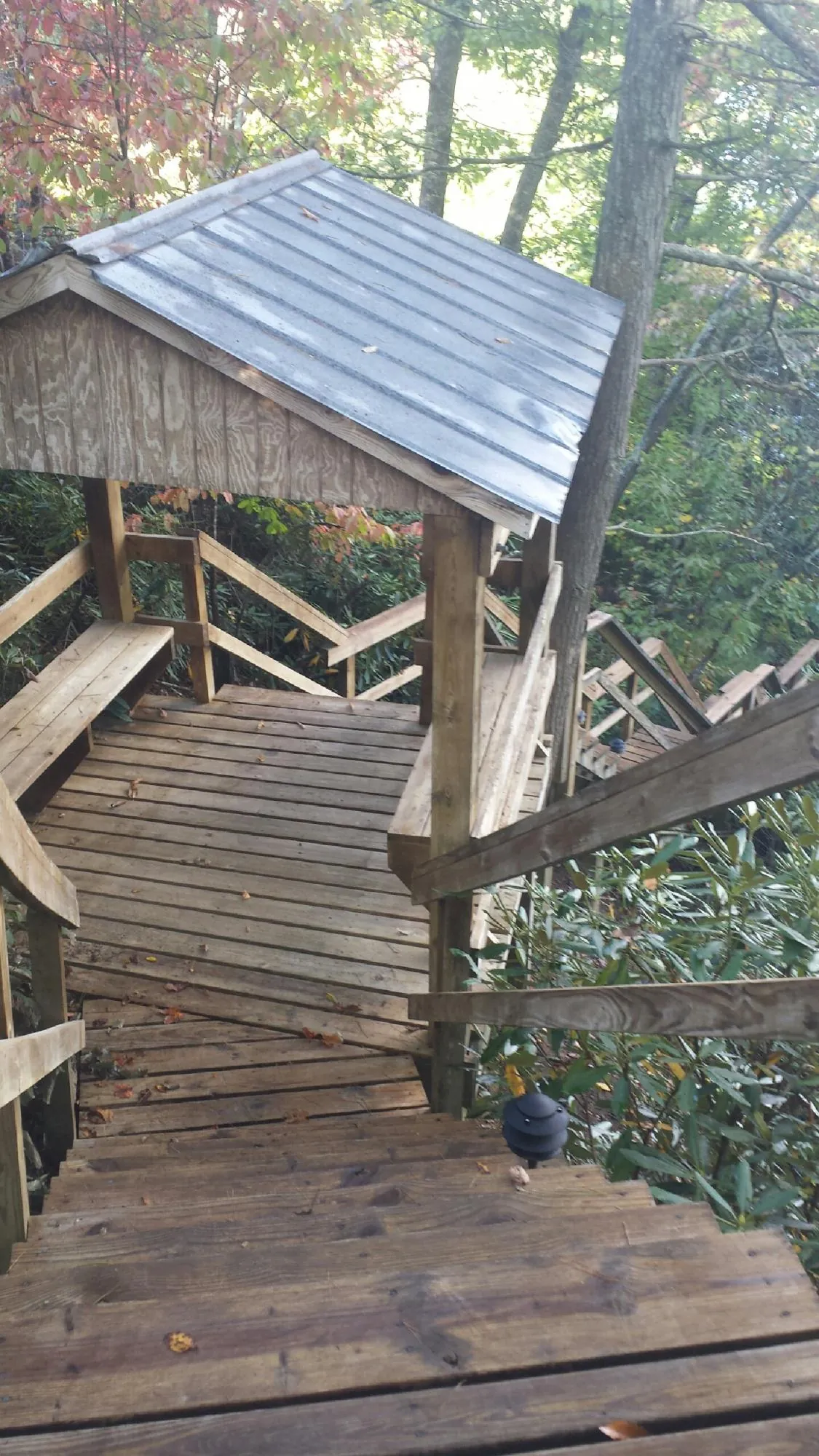 Metal roofed shelter over wooden steps on a wooded walkway — Skylight Repair & Installation work by our crew in Thomas